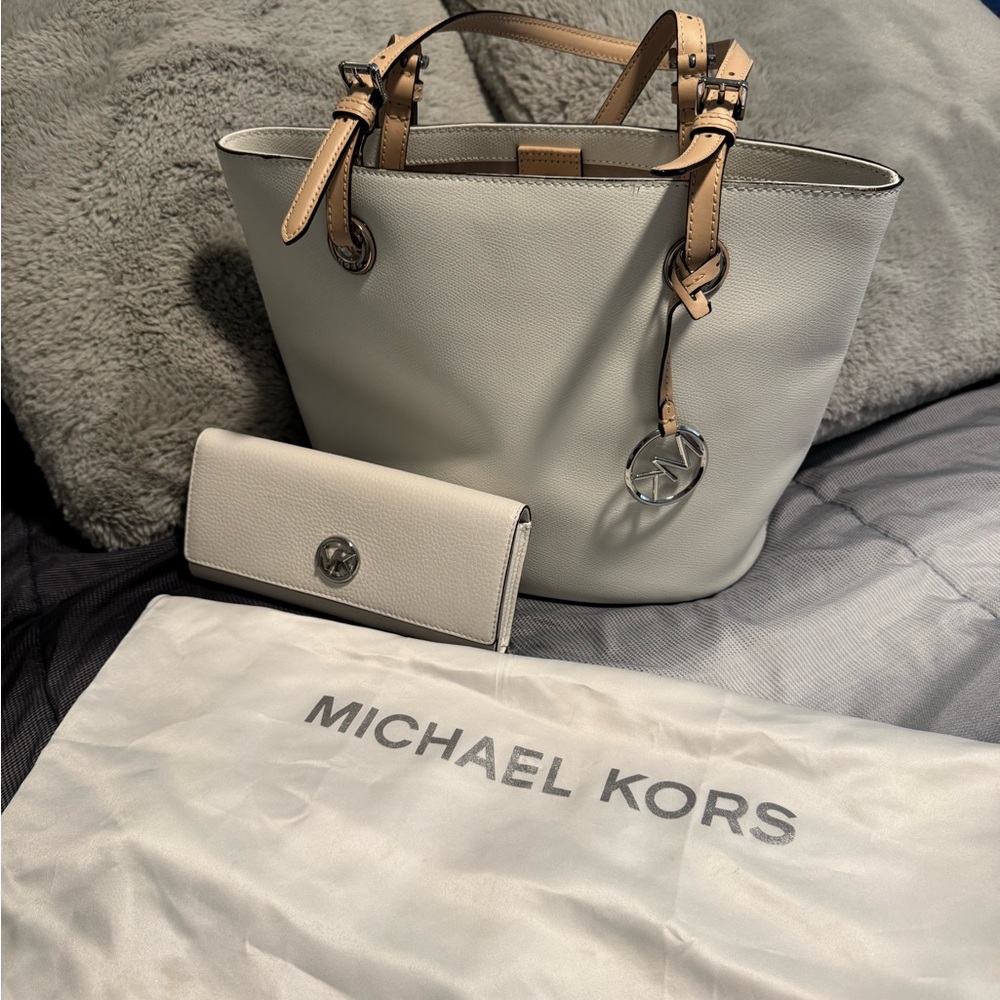 Michael Kors Cream Tote with Tan Leather Handles and Logo Charm